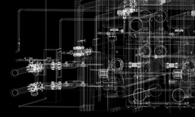 industrial equipment with piping in the factory. 3d rendeing wire frame