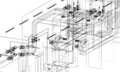 Obraz premium industrial equipment with piping in the factory. 3d rendeing wire frame