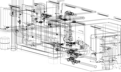 industrial equipment with piping in the factory. 3d rendeing wire frame