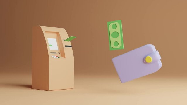 ATM 3d animation. Flying money to the wallet. Withdraw money concept