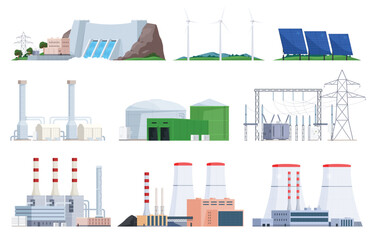 Atomic, coal and environmentally friendly types of power plants. Production and supply of electricity to the population of cities and villages. Vector illustration