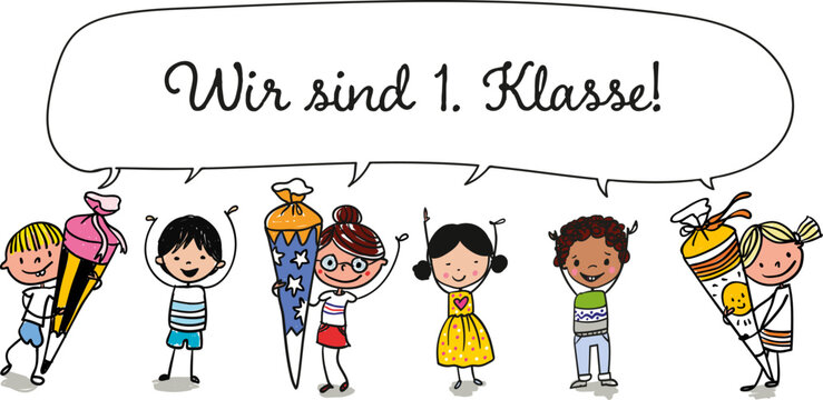 Kids und Erstkl&auml;ssler freuen sich &uuml;ber Einschulung und &uuml;ber ihnen Sprechblase. Vector illustration, Doodle-style, isolated on white background, Sketchnote style.