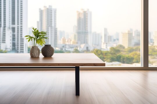 Wooden table top on blur kitchen room background,Modern Contemporary kitchen room interior | Desk of free space and kitchen interior, Generative AI