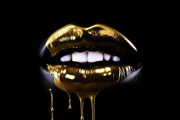 Close-up of a woman's lips painted black lipstick with dripping gold paint isolated on black background. Glossy smudges of golden lip gloss. Generative AI 3d render illustration imitation. - obrazy, fototapety, plakaty