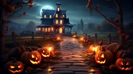 Fototapeta na wymiar Halloween background. Spooky haunted house with lots of halloween pumpkins around. Creepy Jack O’ Lanterns. Generative AI.