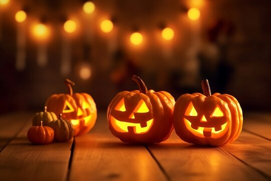 Mini Jack O’ Lanterns on the wooden surface. Halloween pumpkins. All Hallows' Eve celebration. Generative AI.
