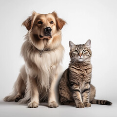 Obraz premium dog and cat sit peacefully next to each other, AI generated