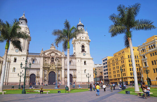 Impressive Plaza Mayor Square with The Basilica Cathedral of Lima, The Historic Centre of Lima, Peru, South America
