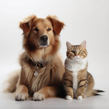 dog and cat sit peacefully next to each other, AI generated