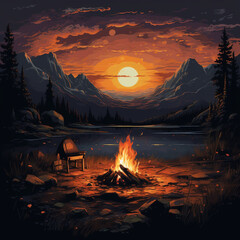 illustration of a campfire in the middle of the forest - obrazy, fototapety, plakaty