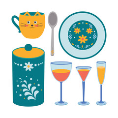 A set of kitchen utensils, a mug, a sugar jar, a plate, a bowl, glasses for wine.