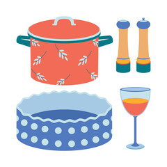 A set of kitchen utensils, salt and pepper shaker, a saucepan, a baking dish, glasses for wine.
