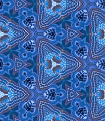 Seamless triangle geometric blue pattern. Abstract symmetric kaleidoscope print with blue colours.