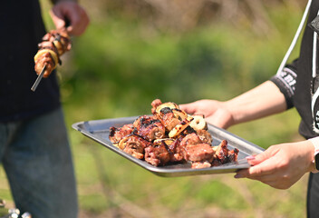 Marinated skewers are prepared on a barbecue gril. Shish kebab made from meat. BBQ grilled beef...