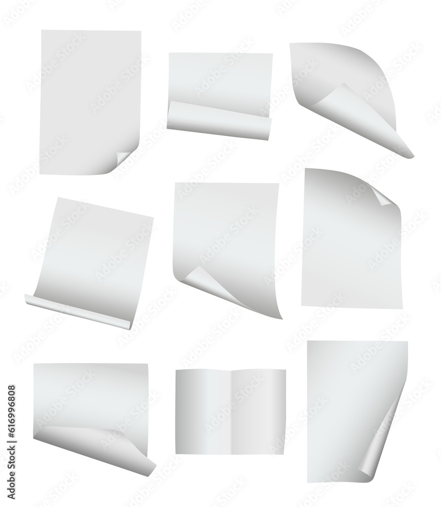 Wall mural collection of blank paper pages in different positions isolated on transparent background