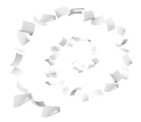 Blank white sheets of paper flying in spiral pattern on transparent background - 616996817