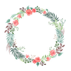 Fototapeta na wymiar Beautiful romantic watercolor style floral round frame or wreath for your greeting card or invitation