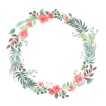 Beautiful romantic watercolor style floral round frame or wreath for your greeting card or invitation
