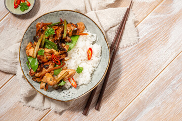 Sesame Chicken served with Jasmine white rice, selective focus
