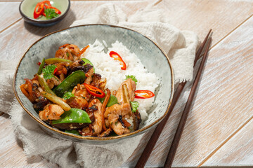 Sesame Chicken served with Jasmine white rice, selective focus