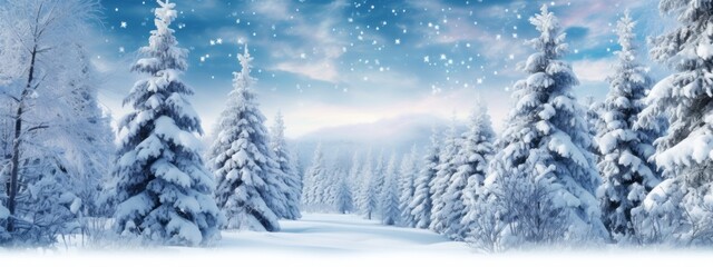 A serene winter landscape with snow-covered trees, glistening snowflakes, and a hint of holiday magic, creating a peaceful and enchanting scene for Christmas web banners. Generative AI