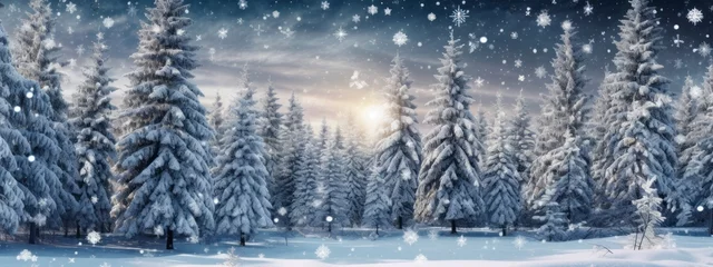 Fototapeten A serene winter landscape with snow-covered trees, glistening snowflakes, and a hint of holiday magic, creating a peaceful and enchanting scene for Christmas web banners. Generative AI © bluebeat76