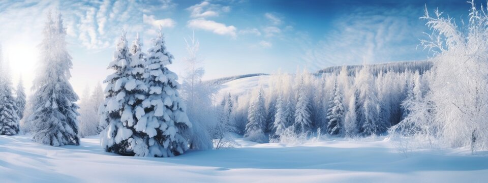A serene winter landscape with snow-covered trees, glistening snowflakes, and a hint of holiday magic, creating a peaceful and enchanting scene for Christmas web banners. Generative AI