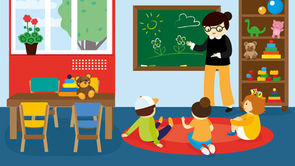 Teacher and pupils in classroom. Vector illustration in flat style.
