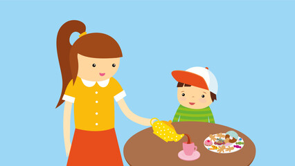 Mother and daughter eating a cake. Vector illustration in flat style.