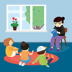 Kindergarten teacher reading book to children, vector illustration