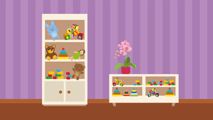 Vector illustration of a shelf with toys in a children's room.