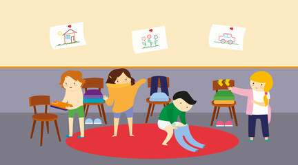 Children in classroom vector illustration. Flat design of children doing homework.