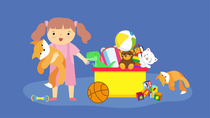 Little girl playing with toys. Vector illustration in flat cartoon style.