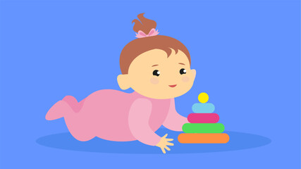 Obraz na płótnie Canvas Cute little baby girl playing with toy pyramid. Vector illustration.