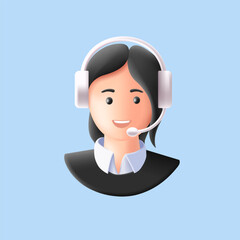 3d render style illustration of call center support person with headset, isolated smiling face, rounded soft shapes