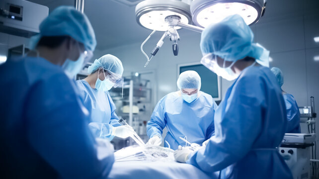 Team of Surgeons, male and female surgeons operating on patient in operating at hospital.
