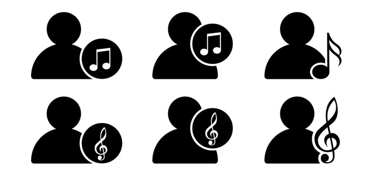 User, musical notes stave. Artists icon or person and music symbol. For staff and music note theme. Piano, jazz sound notes wave. Fun vector key. DJ logo