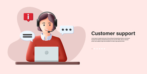 3d render illustration banner of online support center with person in headset with bubbles and laptop, difital banner