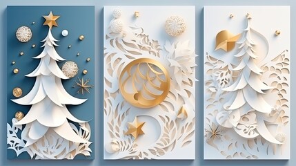 Collection of Christmas cards. Christmas holiday composition 3d. Snowy trees, gifts, gold. Background, postcard