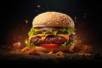 Hamburger on black background Tasty Juicy Hamburger Food Photography Generative AI