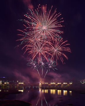 Fireworks over a park in the night sky, happy new year, year 2023-2024, new year 2023/24, badajoz, spain 