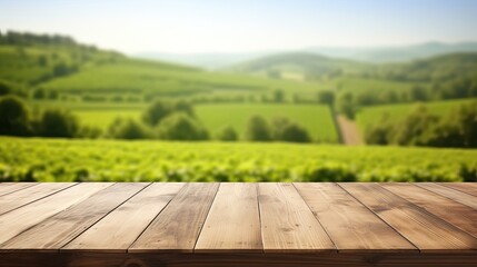 Empty wood table top with on blurred green vineyard landscape background in spring, Generative AI