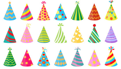 Party celebration cone hat collection. Set of party cone caps