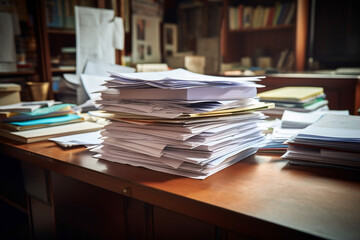 Close-up office desk with an organized stack of papers. Generative AI