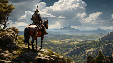 Generative ai illustration of horseman on top of a hill, detailed, path up the hill, vast landscape