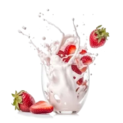 Foto op Aluminium Strawberry yogurt or milk in a glass, splashes, fresh strawberries isolated on white. Generative AI. © Olga Ionina