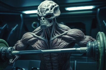 Fototapeta na wymiar Alien bodybuilder lifts barbells in a spaceship. Generative AI 6