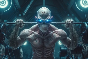 Fototapeta na wymiar Alien bodybuilder lifts barbells in a spaceship. Generative AI 9