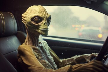Alien driving car. Generative AI 1