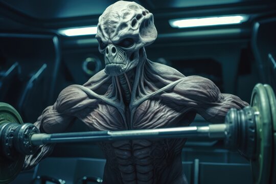 Alien bodybuilder lifts barbells in a spaceship. Generative AI 6